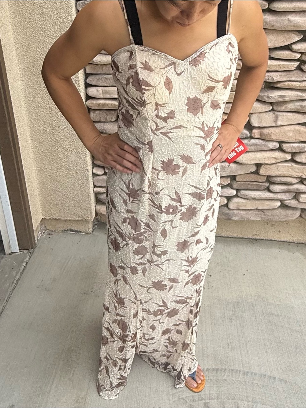 NWT Laurence Kazar Cream Lace Silk Dress with Taupe Floral Overlay